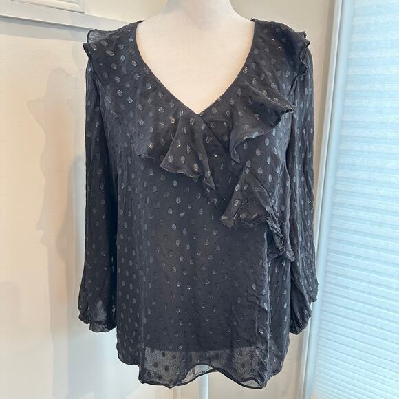 Lilly Pulitzer Olenna Silk Black Polkadot Moroccan Metallic Clip Blouse Small - Picture 2 of 8